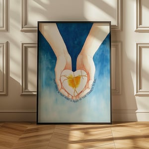 Puede incluir: Una pintura de acuarela de dos manos sosteniendo un corazón con grietas y oro en su interior. El texto dice "Cada grieta en tu corazón es prueba de tu fuerza para sanar."