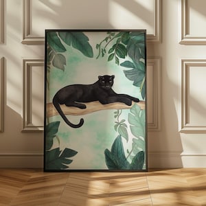 Black Panther Digital Art Print, Safari Animal Wall Art, Tropical Rainforest Decor, Panther Poster, Jungle Illustration, Wildlife Gift