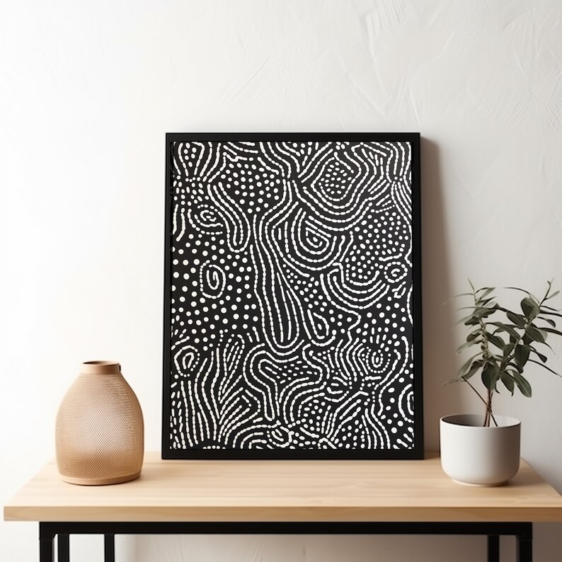 Aboriginal Digital Art Print, Black and White Wall Art, Australian