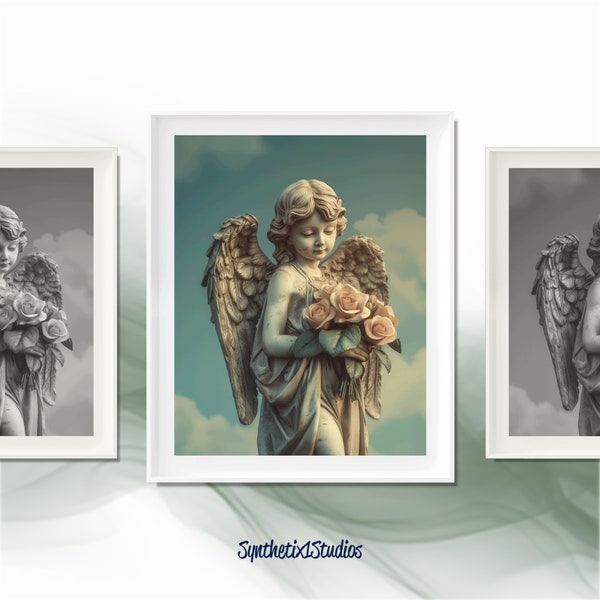 Seraphic Cupid with Roses Digital Art Print, Celestial Angel in Clouds, Graceful Statue Portrait, Symbolic Love Art, Ethereal Wall Art