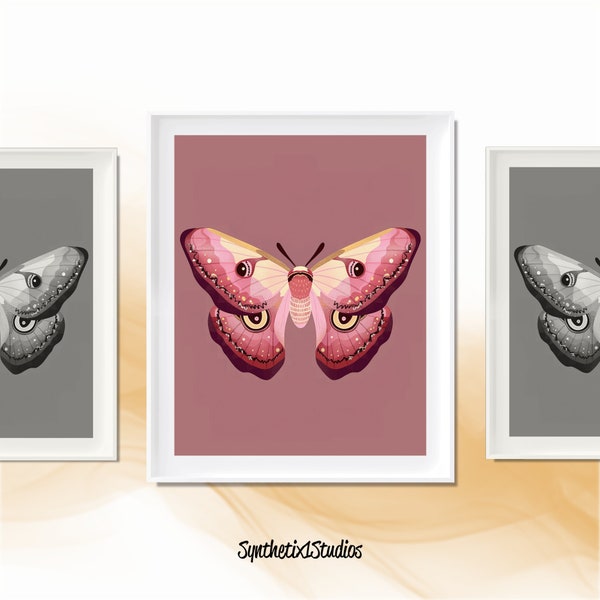 Pink Moth Digital Art Print, Feminine Insect Wall Art, Bohemian Butterfly Illustration, Nature-Inspired Home Decor, Mystical Creature Poster