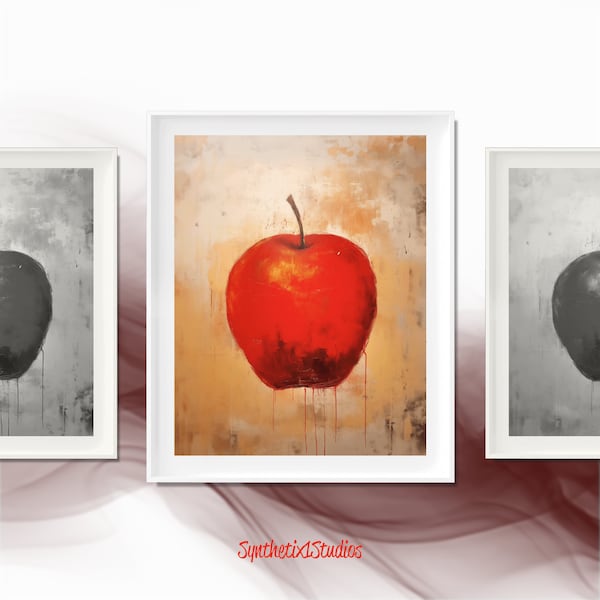 Abstract Crimson Apple Digital Art Print, Modern Fruit Painting with Textured Background, Bold Kitchen Wall Art, Contemporary Home Decor