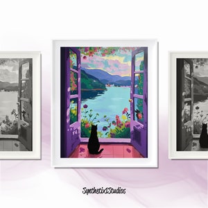 Serene Lakeside Katze Digitaler Kunstdruck, Cottagecore Wohnkultur, Fauvistisches Poster im Matisse-Stil, Katzenliebhaber Geschenk, Offenes Fenster Landschaftswandkunst