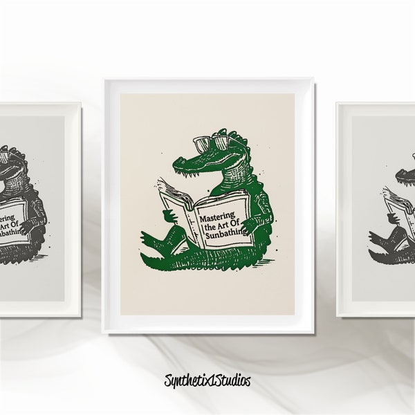 Whimsical Alligator Reading Digital Art Print, 'Mastering the Art of Sunbathing', Quirky Reptile Wall Decor, Unique Gift for Her