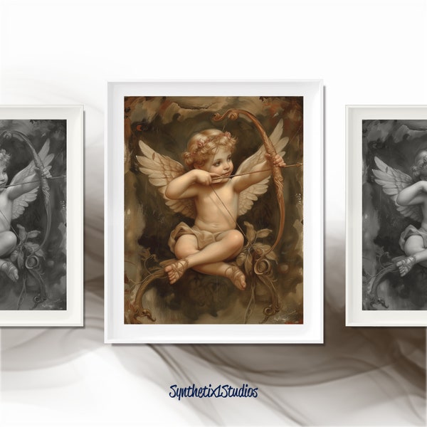 Renaissance-Inspired Cupid Digital Art Print, Classic Cherub with Bow and Arrow, Romantic Baroque Style Wall Art, Amour and Affection