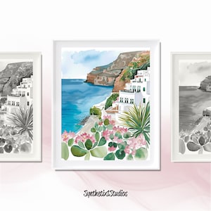 Charming Santorini Digital Art Print, Greek Island Watercolor Wall Art, Romantic Housewarming Gifts, Aegean Sea Coastal, Greece Illustration