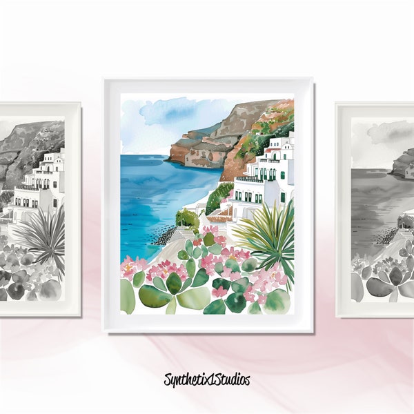 Charming Santorini Digital Art Print, Greek Island Watercolor Wall Art, Romantic Housewarming Gifts, Aegean Sea Coastal, Greece Illustration