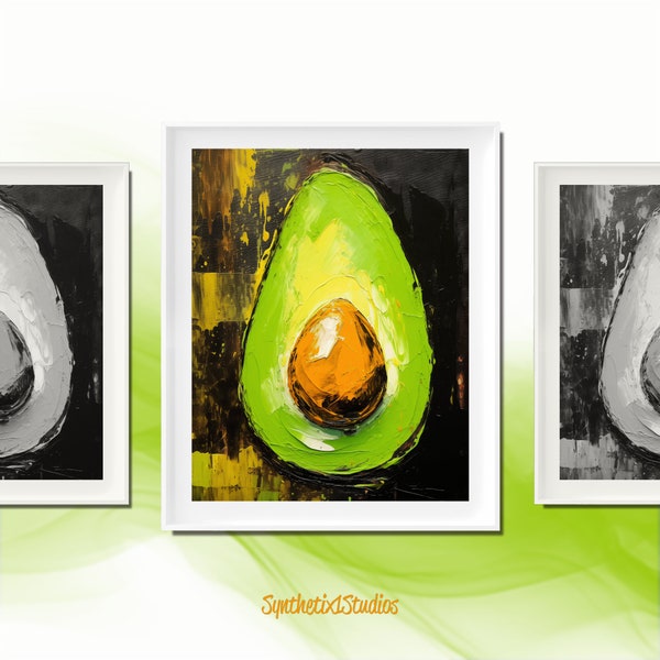 Impression d'art numérique impression avocat, fruit vert succulent sur fond abstrait, art mural de cuisine moderne, peinture expressive audacieuse