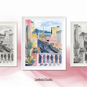 Las Vegas Watercolor Art Print: Bellagio Cityscape (Digital Download)