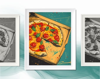 Impresión de arte digital de pizza Margherita clásica, pan plano italiano estilo acuarela, decoración de cocina auténtica, arte de pared del gastrónomo