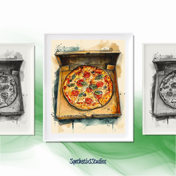 Watercolor Pizza in A Box Digital Art Print, Vibrant Italian Cuisine, Gourmet Artisanal Illustration, Kitchen Wall Art, Foodie Decor Gift