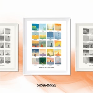 Liebe in jedem Moment digitaler Kunstdruck, Illustrationen zur emotionalen Reise, romantische Wandkunst, Meilensteine der Beziehung, Sentimentales Paargeschenk
