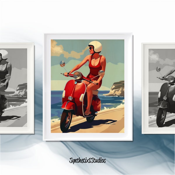 Chic Summer Digital Art Print, Lady on Red Vespa, Mediterranean Vibes Wall Art, Italian Coastal Road Trip, Vintage Seaside Illustration