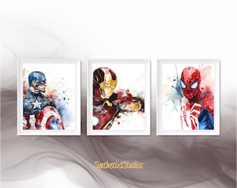 Impresión de arte digital de superhéroes, arte de pared de cómics, conjunto de 3, ideas de dormitorio para niños