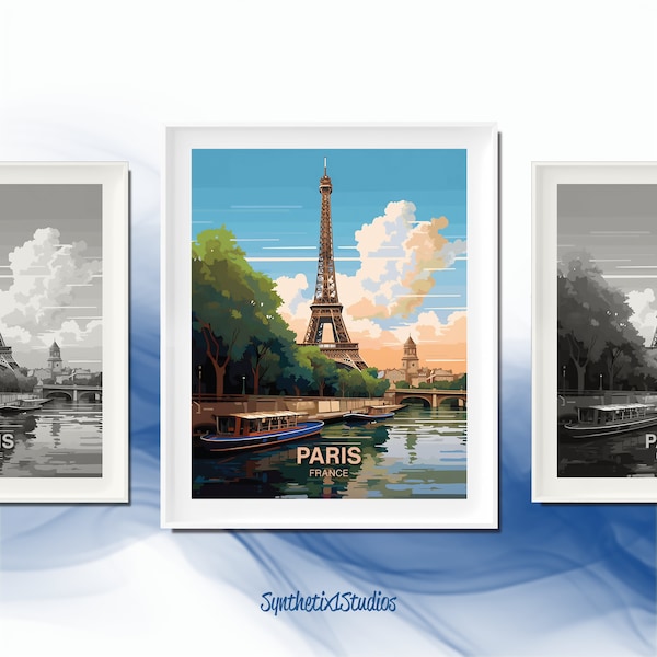 Eiffel Tower Digital Art Print, Parisian Landscape with Seine River, Paris France Cityscape Poster, Classic French Wall Art