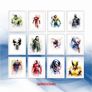 Impression d'art numérique super-héros, lot de 24 personnages, art mural galerie aquarelle, héros de bande dessinée