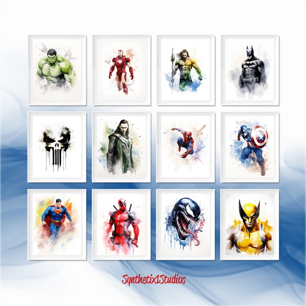 Superhero Digital Art Print, 12 + 12 Characters, Watercolour Gallery Wall Art, Comic Hero