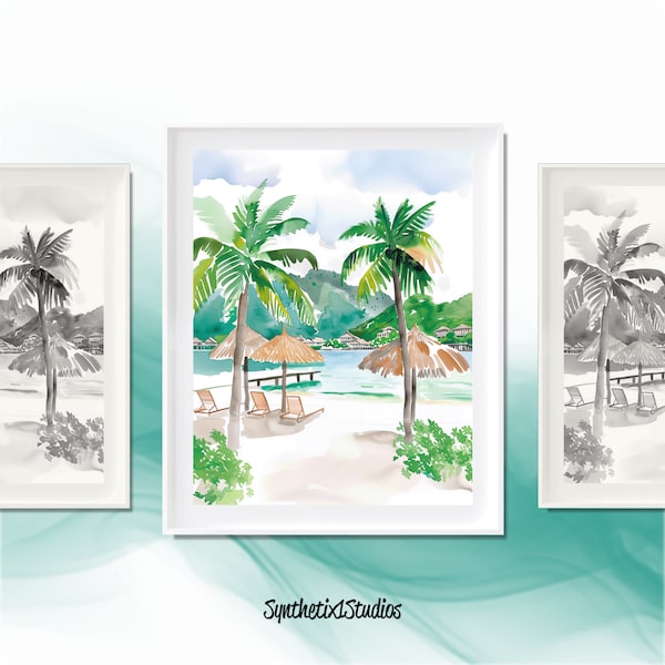 Tropical Resort Digital Art Print, Watercolor Beach Palms, Relaxing Vacation Wall Art, Beach Decor, Serene Holiday Gift, Coastal Aesthetic