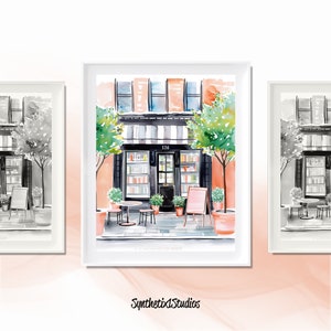 Druk cyfrowy New York Bookstore, akwarelowy wystrój dla miłośników książek, przytulna ilustracja do kącika czytelniczego, prezent dla miłośników książek, wydruk miejskiego krajobrazu