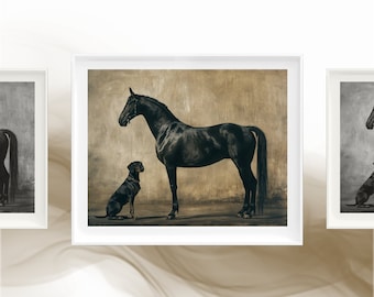 Horse and Doberman Digital Art Print, Timeless Equine Wall Decor, Animal, Monochromatic