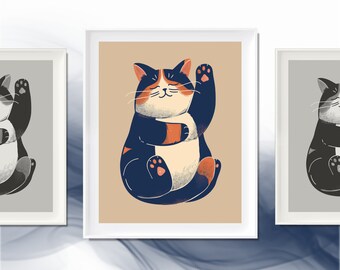 Calico Maneki Neko Digital Art Print, Warm-Toned Lucky Cat Poster, Whimsical Good Luck Charm Wall Art, Quaint Home Decor