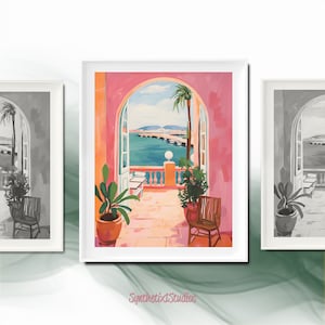 Vintage Digital Art Print, Open Balcony Watercolour Art, Pastel Matisse Style Poster, Mediterranean Sea