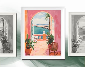 Vintage Digital Art Print, Open Balcony Watercolour Art, Pastel Matisse Style Poster, Mediterranean Sea