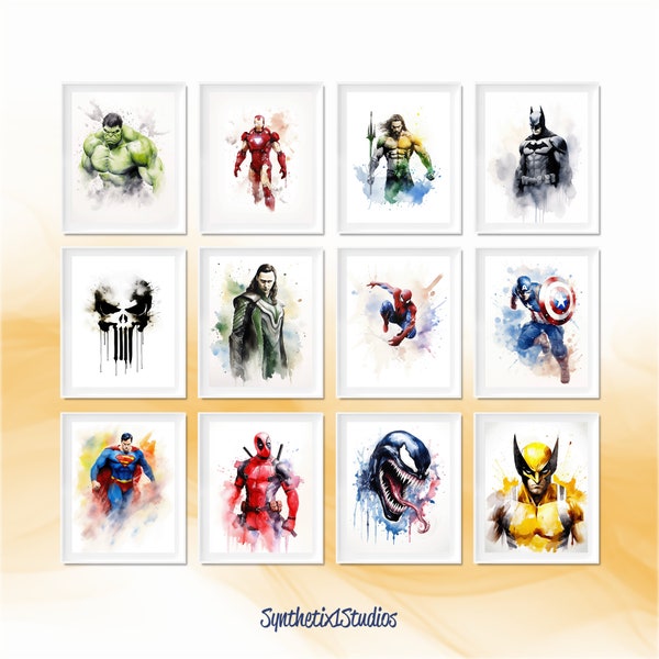 Superhero Digital Art Print, 12 + 5 Characters, Watercolour Gallery Wall Art, Comic Hero