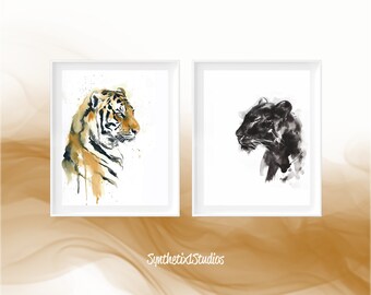 Watercolor Tiger and Panther Print: Wildlife Animal Duo (Digital Download)