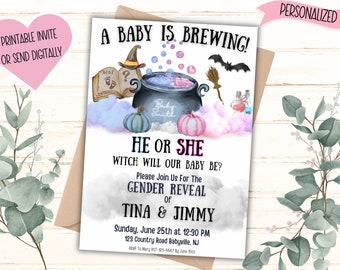 Invito per rivelazione del sesso del bambino in arrivo / Download stampabile personalizzato / Invito con testo / Tema Halloween con toni rosa e blu pastello