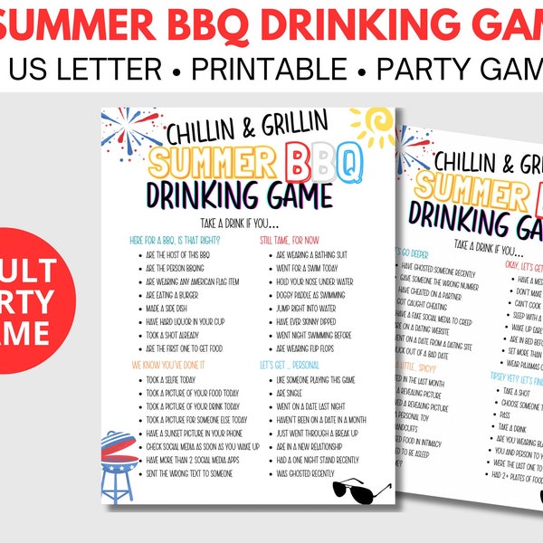 Summer BBQ Drinking Game Printable | Take A Drink Party Game | Chillin and Grillin Barbecue Theme | Fun Adult Activity | Digital Download