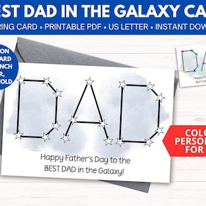 Beste vader in de Galaxy afdrukbare kaart | Kleurkaart, personaliseren | Vaderdagcadeau | Knutselactiviteit voor kinderen | Sterren | Directe download