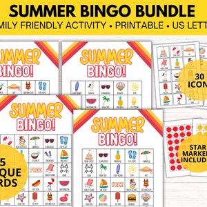 Zomerbingobundel afdrukbaar | Unieke bingokaarten | Feestspel | Zomerthema | Gezinsvriendelijke leuke activiteit | Direct downloaden | Kleurrijk