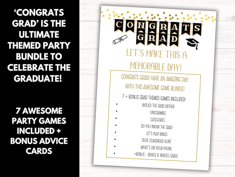 Graduation Game Bundle Printable | Black and Gold Confetti Party Pack ...