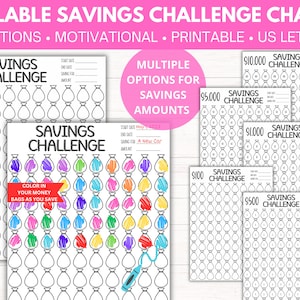 Paquete imprimible de desafío de ahorro / Plantillas de seguimiento de objetivos y progreso / Fondos de ahorro / Presupuesto y planificación / Tablas de recompensas / Dinero para colorear