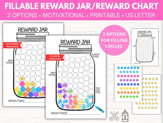 Reward Jar | Reward Chart | 2 Option Fillable | Color Printable | Motivational | Goal, Progress Tracker | For Kids or Adults | Chores, Tasks