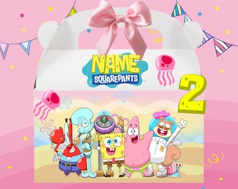 May include: A white party favor box featuring the characters from the animated series, SpongeBob SquarePants. The box has a pink bow, the words "NAME SQUAREPANTS", and the number "2". The box is decorated with cartoon characters and jellyfish.