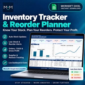 Op de afbeelding: Een digitale voorraadtracker en herbestellingsplanner weergegeven op een laptopscherm. De interface bevat een voorraaddashboard met grafieken, voorraadstatus en een tabel voor herbestellingen. Tekst bevat "Inventory Tracker & Reorder Planner" en "Microsoft Excel Instant Download".