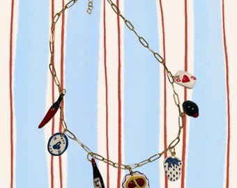 Custom Storybook Pendant Necklace – Hand-Painted Clay Charms on Gold Chain | Choose 3, 5 or 7 Charms | Whimsical Jewelry