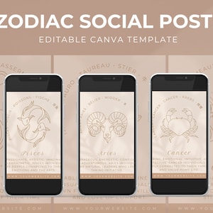 Publicaciones de redes sociales sobre signos del zodíaco: plantillas de Canva editables, contenido de astrología, publicaciones inspiradoras, marketing en redes sociales