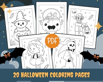 Può includere: Una raccolta di 20 pagine da colorare a tema Halloween con vari personaggi e oggetti spettrali. Le pagine includono un gatto strega, una zucca con caramelle, un mostro di Frankenstein, una ragazza in costume e la morte. Il testo "PDF" è visibile.