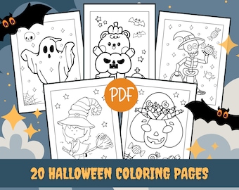 Può includere: Una raccolta di 20 pagine da colorare a tema Halloween con vari personaggi spettrali. Le pagine includono un fantasma, uno scheletro, una strega e un personaggio a forma di zucca. Il testo "PDF" è al centro e il testo "20 HALLOWEEN COLORING PAGES" in basso.