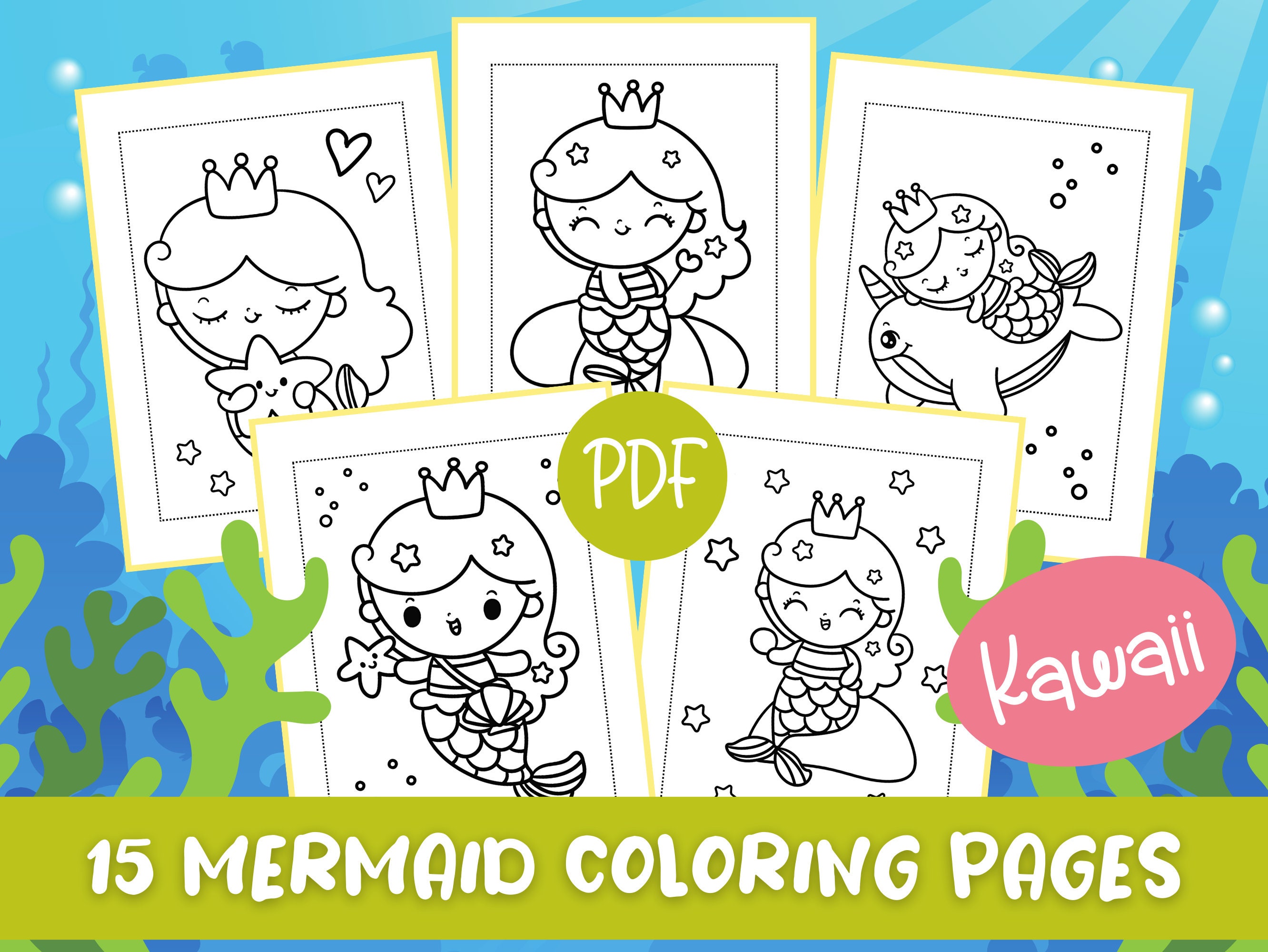 Kawaii Mermaid Coloring Pages, Mermaid Coloring Book, Mermaid Coloring Book for Girls, Mermaid Birthday Party Activity, Kawaii Mermaid style