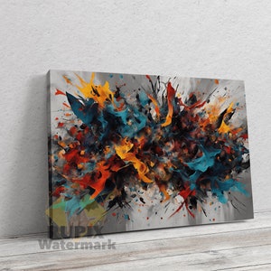 May include: Abstract art print featuring a colorful explosion of blue, orange, yellow, and red paint splatters on a gray background.