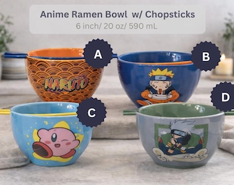 Anime Inspired Ramen Noodle Bowl w/ Chopsticks, Choose Cartoon Character, 6” 20 oz Ramen Bowl, Cute Kitchen Gift