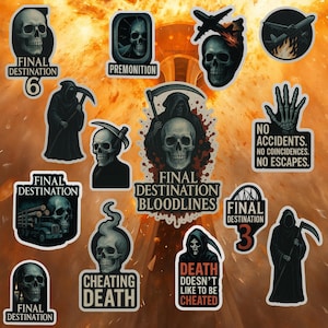 Pack d'autocollants Horror Death Omen – Pack de vinyles sur le thème de la mort | Stickers Faucheuse, tête de mort, citations de films, mort effrayante pour ordinateurs portables