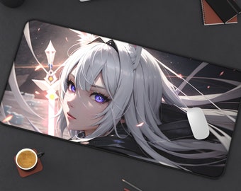 XXL gaming mousepad , anime waifu, whitehaired, deskmat, maupad for weebs and gamers