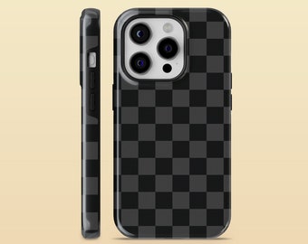 Tough Black Checkered Phone Case Dark Cover for iPhone 15, 14, 13, 12, 11, Google Pixel 8, 8Pro, 7A, 6A, Samsung Galaxy S24, S23, S22, A54