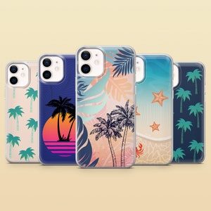 May include: Five clear smartphone cases featuring tropical designs. The patterns include palm trees on beige and navy backgrounds, a sunset scene with palm trees, a layered leaf print in pastel tones, and a beach scene with starfish and a crab.