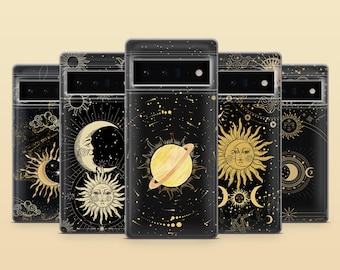 May include: Five black phone cases with different celestial designs. Each case features a gold celestial body, including a sun, moon, and planet, on a black background with gold stars.
